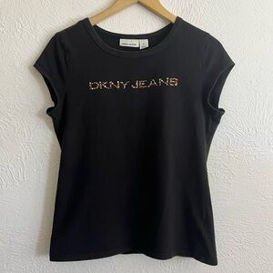 3/$12 Y2K DKNY JEANS Black Tee Embellished Jewel Logo Size Large